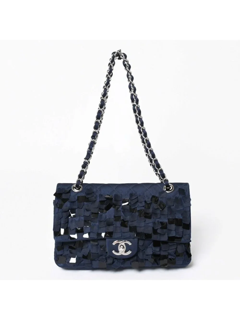 Chanel Quilted 25 Double Flap Chain Shoulder Bag CC Logo Satin Sequin Navy